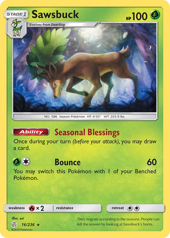 Sawsbuck (16/236) (Exclusivité Kit Prerelease) (Exclusivité Deck Thème) [Soleil et Lune : Éclipse Cosmique]