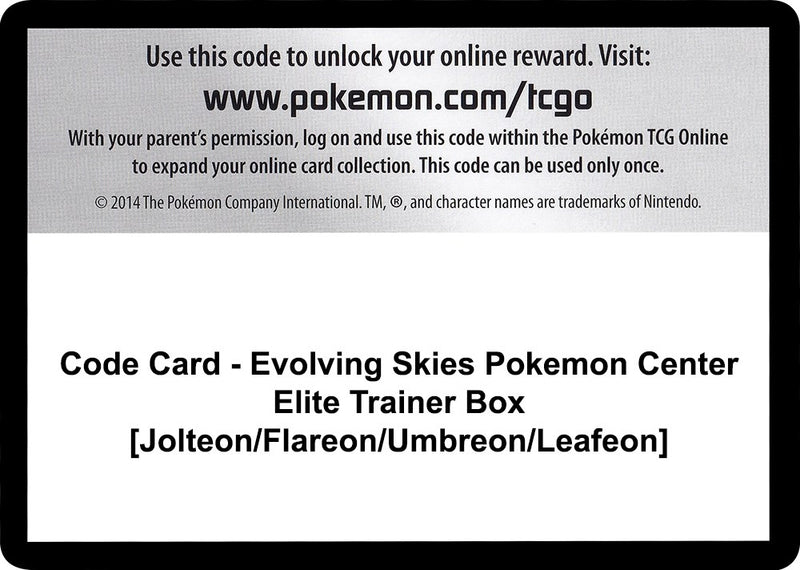 Image for Code Card - Evolving Skies Pokemon Center Elite Trainer Box [Jolteon/Flareon/Umbreon/Leafeon] - Pokemon