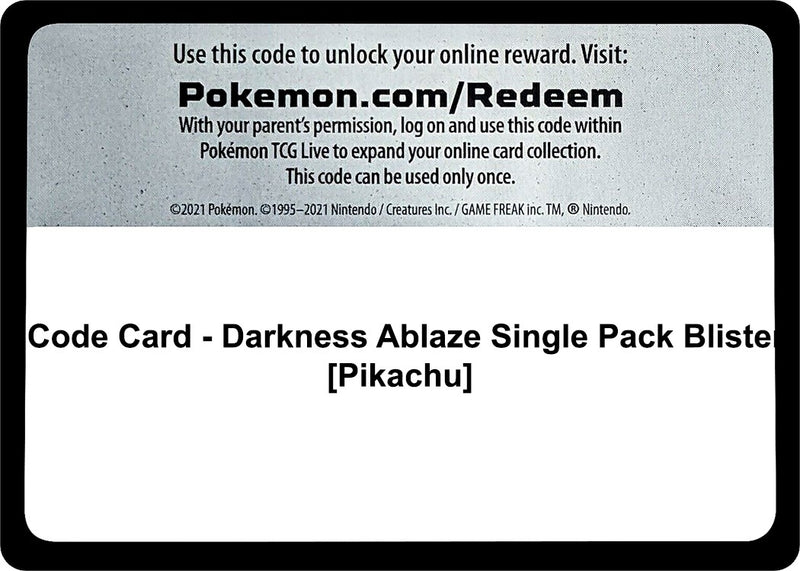 Image for Code Card - Darkness Ablaze Single Pack Blister [Pikachu] - Pokemon