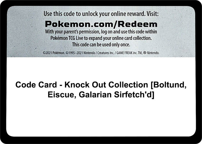 Image for Code Card - Knock Out Collection [Boltund, Eiscue, Galarian Sirfetch'd] (MCAP) - Pokemon