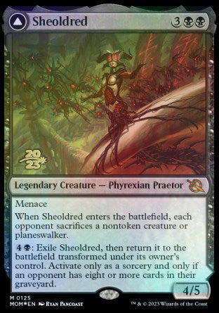 Sheoldred // Las verdaderas escrituras [Promos de prerelease de Marcha de las máquinas]