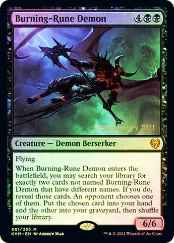 Demonio rúnico ígneo [Cartas promocionales de prelanzamiento de Kaldheim]