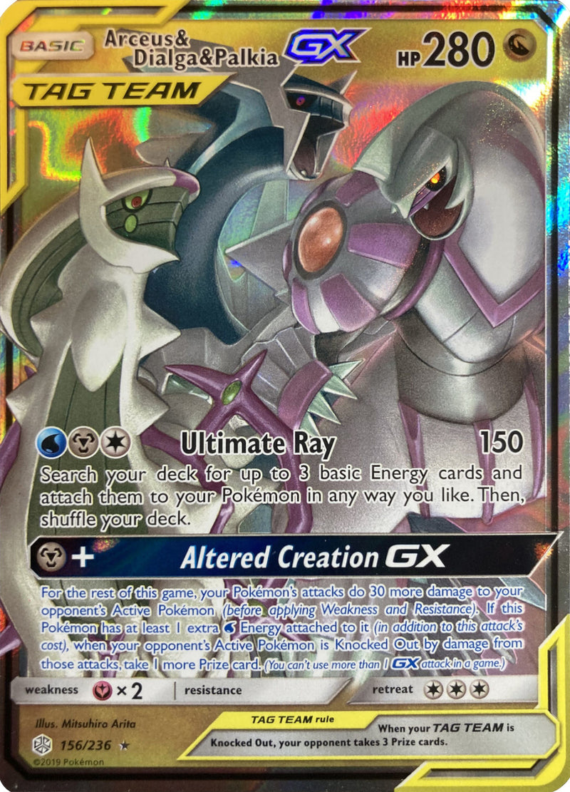 Arceus y Dialga y Palkia GX (156/236) (Exclusiva de Mazo de Combate de Liga) [Sol y Luna: Eclipse Cósmico]