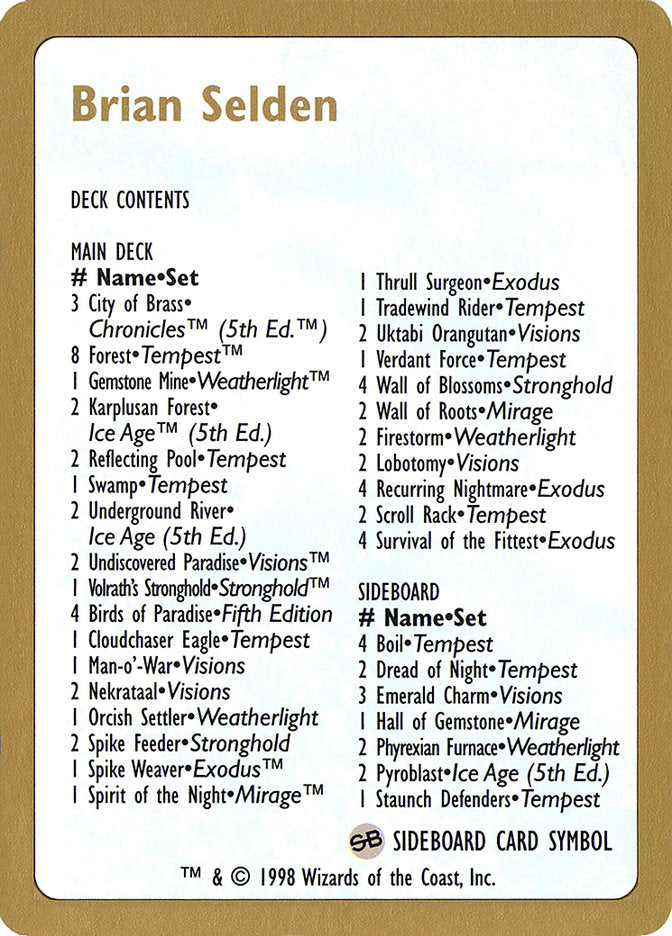 Liste de deck de Brian Selden [Championnats du monde 1998]