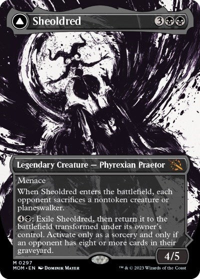Sheoldred // Las verdaderas escrituras (Planar Booster Fun de exhibición) [Marcha de la máquina]