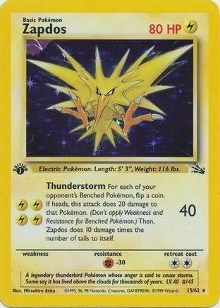 Zapdos (15/62) (Holográfica Cosmos) [Fossil 1ª Edición]